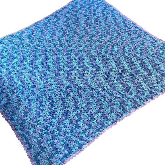Vintage Crocheted Box Stitch Afghan 60x60 Throw Mermaid Purple Dark & Light Blue - Picture 2 of 3